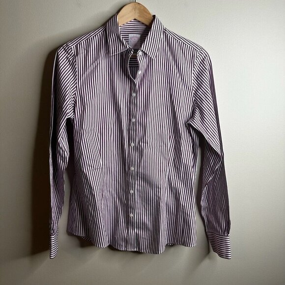 Brooks Brothers Button Up Shirt Womens Sz 10 Burgundy Pin Striped Tailored Fit - Picture 1 of 11